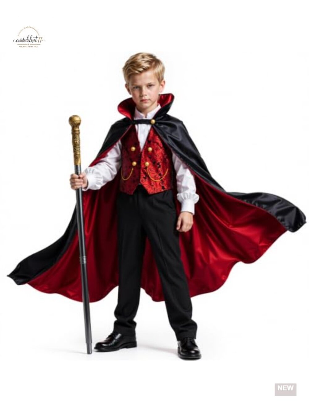 Kids Vampire Halloween Costume Deluxe Cape Vest Pants Cane